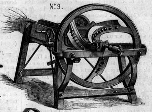 Agricultural machine: an English straw axe presented at the Paris agricultural competition in 1860. Engraving in Le Monde Illustré n°169 of 7 July 1860. by French School