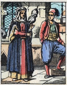 Aladin and his mother living from their work. Engraving of the tale of Thousand and One Nights Aladin and the Wonderful Lamp. Epinal imaging, late 19th century. Private collection by French School
