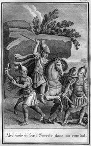Alcibiades, Athenian statesman and strategist defends Socrates in a fight. In 