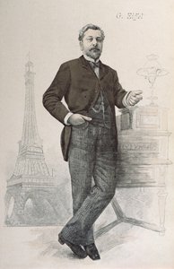 Alexandre Gustave Eiffel posing by his desk with a drawing of the Eiffel Tower, illustration from La Revue Illustrée, 1888 by French School