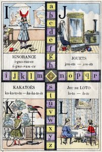 Alphabet and Letter I J K and L, Ignorance, Toys, Kakatoes and Lotto Game. ABC of the Little Girls. Epinal Imaging by French School