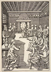 An Alchemy lesson in the 14th century, illustration from Histoire de la Nation Francaise, Sciences, Volumes I & II