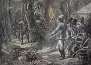 An English Traveler Lloyd Discovers the Pygmies While Exploring Africa. Engraving in 