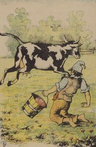 An unsuccessful attempt to milk a cow by French School