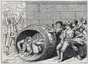 Antisemite persecution in the 17th century: a Jew rolls in a barrel by inhabitants of Rome. Illustration of 