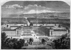 Architecture: general view of the Imperial Asylum for convalescent workers of the Vesinet, built according to the plans of the architect Eugene Laval and inaugurated in 1859. Engraving in Le Monde Illustré n°77 of 2 October 1858.