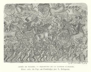 Army on the march, bas-relief from Angkor, Cambodia by French School