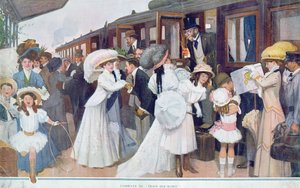 Arrival of the husbands by train, 1908