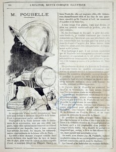 Article and cartoon on Eugene Poubelle, prefect of the Seine and inventor of garbage cans in 1884. Paris, police prefecture