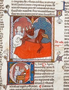 A devil or demon on the bed of a dead person, illustration from Digestum Vetus with gloss ordinaria, by Justinian, c.1300-10 by French School