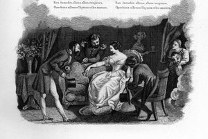 Asmodee. A beautiful young woman in a living room courted by three suitors including a dandy and a soldier. Engraving in Chants et chansons populaire de la France, Tome 2