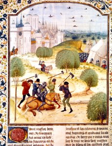 Assassination of an English knight outside Paris in 1437 (100 years war) illumination from Chronicles of England written by Jean de Wavrin by French School