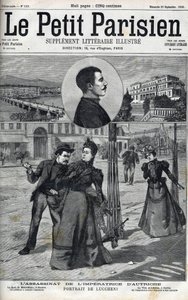 Assassination of Empress Elisabeth of Austria (Sissi) by Italian anarchist Luigi Lucheni in Geneva in 1898. Cover of 