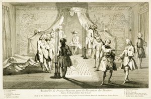 Assembly of Free Masons for the Initiation of a Master, the entrance of the candidate to the lodge, from The Ceremonies of Religion and Custom, c.1733 by French School