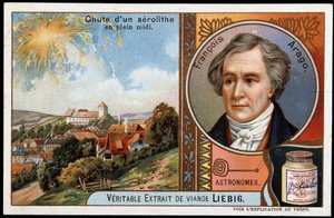 Astronomy: fall of an aerolith in the middle of noon, with the portrait of Francois Arago - Liebig chromolithography