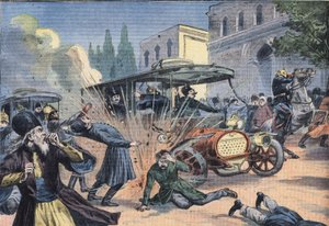 Attack on the Shah of Persia Mohammad Ali Shah Qajar (1872-1925). Engraving from the newspaper Le Petit Parisien
