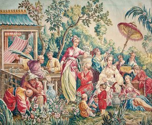 Aubusson Cartoon for a Wall Hanging of Figures in an Oriental Garden