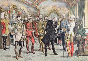 Austro-Hungarian Crisis - reception of Hungarian magnates by Emperor Franz Josef, illustration from Le Petit Journal, 15 October, 1905