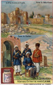 Bala-Hissar Gate in Afghanistan and Soldiers of the Afghan Army at the Khyber Pass. Advertising Chromolithography of the 19th Century by French School