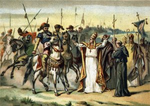 Barbarian invasions - Attila and Saint Leon I the Great (440-461): the barbarian Attila, leader of the Huns people, meets Pope Saint Leon the Great who managed to convince him to spare Italy. Chromolithography of the late 19th century