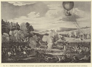 Battle of Fleurus, 8 Messidor Year II (June 26, 1794), during which the captive military balloon observed all movements of the Austrian army (engraving) by French School