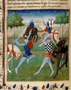 Battle between the knight Palamede and Artus (or Arthur) the little Miniature taken from the manuscript The novel of Tristan directed to the Master Charlkes of Maine