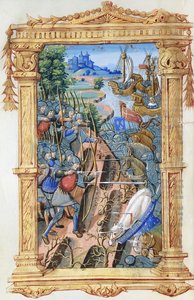 Battle scene between archers and cavalry, with castle and ships, c.1495-1500 by French School