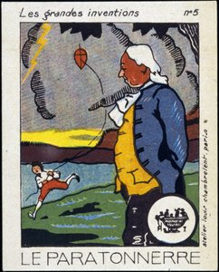 Benjamin Franklin, American politician and physicist (1706-1790) and the lightning rod (the kite experiment) - Label, early 20th century by French School