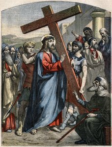 Bible Scene - Way of the Cross: Jesus is the burden of the cross. Engraving in Le Pelerin of May 3