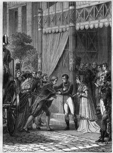 Bonaparte and Josephine de Beauharnais receive the young king of Etruria, Louis I (Louis I of Bourbon or Ludovico I of Borbone) (1773-1803), accompanied by his wife, Marie Louise (Marie Louise) of Bourbon (1782-1824) in their house in Malmaison in July 180