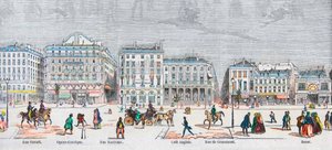 Boulevard des Italians south side - Rue Favart - Opera Comique - Rue Marivaux - Cafe Anglais - Rue Grammont - Bazaar - Engraving in 
