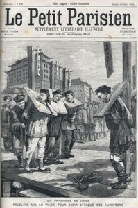 Boxer Revolt in China in 1898: Revolts put in pillory for attacking Europeans. Cover of 