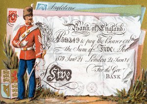 British army soldier guarding a Bank of England Five Pound Note, 1886-95