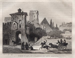 Caius Cestius Pyramid and Gate of St. Paul in Rome - Engraving from 