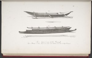 Canoes of the Marshall Islands, and a canoe and weapons of the Cook Islands, from Voyage pittoresque autour du monde, avec des portraits de sauvages d