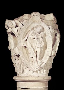 Capital depicting the Third Key of Plainsong with a lute player, c.1095 by French School