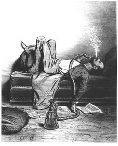 Caricature of the Romantic Writer searching his inspiration in the Hashish