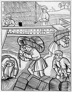 Carriers of hay in the Middle Ages. Engraving in 