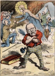 Cartoon of the writer Emile Zola who is perplexed at the devotion of the faithful in Lourdes, despite his criticism of the subject expressed in his novel Lourdes