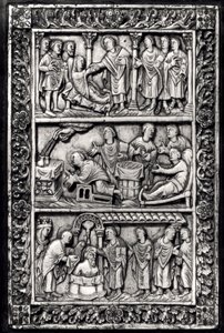 Carved Plaque for a Book Cover Depicting Scenes from the Life of St. Remigius and the Baptism of Clovis I by French School