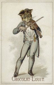 Cat playing the fiddle by French School