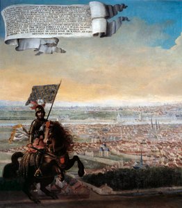 Cavalier view of Paris from the Faubourg Saint Jacques Commemoration of the defence of Paris by Chancellor Pepin des Essarts after the betrayal of Etienne Marcel, in 1358 (detail)