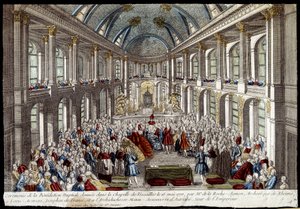 Ceremony of the bridal blessing given in the chapel of Versailles on 16 May 1770 by Louis Auguste, Dauphin of France (Louis XVI), and Marie Antoinette of Austria - engraving by French School