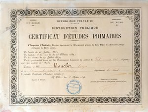 Certificate of Primary Education, Academie de Lille, 1898
