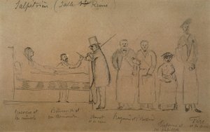 Charcot and his students: patient Genevieve in a camisole, Doctor Desire Magloire Bourneville with a thermometer, Jean Martin Charcot, Raymond and Brissaud, Me Tirperme and Charles Fere. Holy Queen Room, Salpetriere Hospital by French School