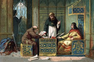 Childebert II, King of France in his castle of the Oise, surrounded by monks who share his work