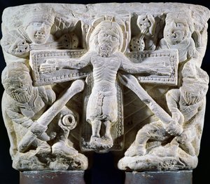 Christ on the Cross, relief on a capital of twin columns by French School