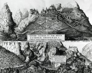 City of Saorge, France, under Savoy rule, engraving by French School