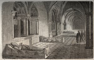 Cloitre de Fontevrault with statues of Henri II - Eleonore de Guyenne - engraving in 