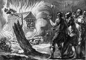 Clotaire I (497-561), king of the Franks, had his son Chramne burned in a cottage, who revolted against him and his family. About 560. Engraving of the 18th century